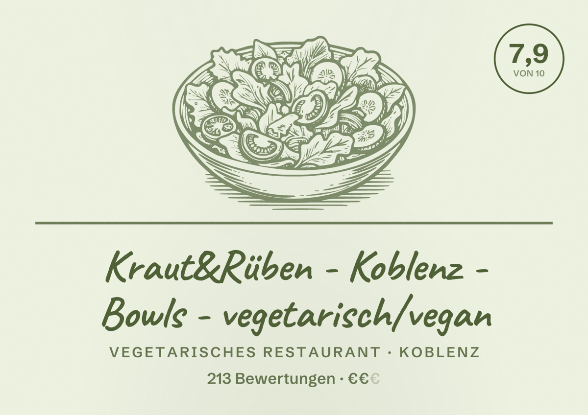 Illustriertes Poster von Kraut&Rüben - Koblenz - Bowls - vegetarisch/vegan, Vegetarisches Restaurant in Koblenz: Bewertung 7,9 von 10 aus 213 Bewertungen, Preisniveau €€