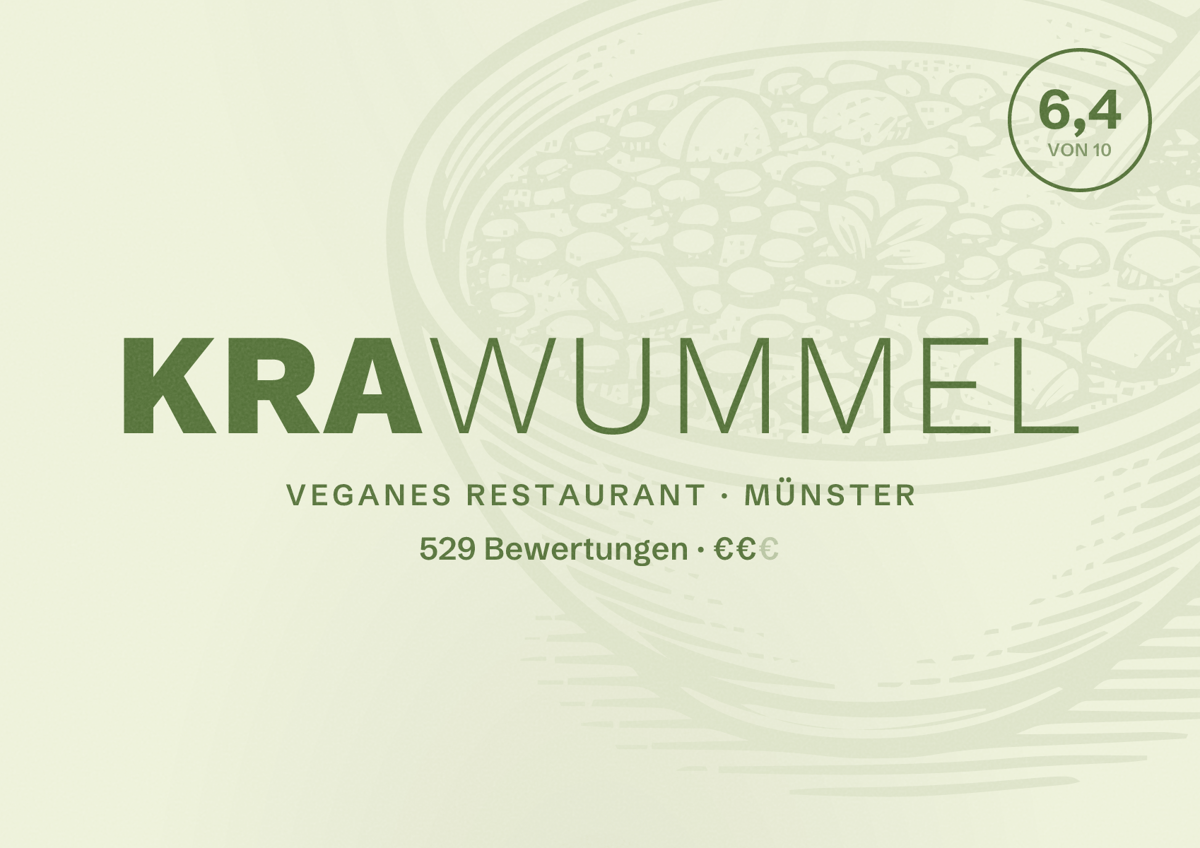 Illustriertes Poster von Krawummel, Veganes Restaurant in Münster: Bewertung 6,4 von 10 aus 529 Bewertungen, Preisniveau €€