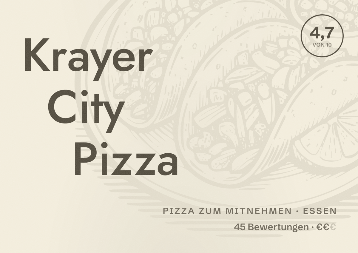 Illustriertes Poster von Krayer City Pizza, Pizza zum Mitnehmen in Essen: Bewertung 4,7 von 10 aus 45 Bewertungen, Preisniveau €€
