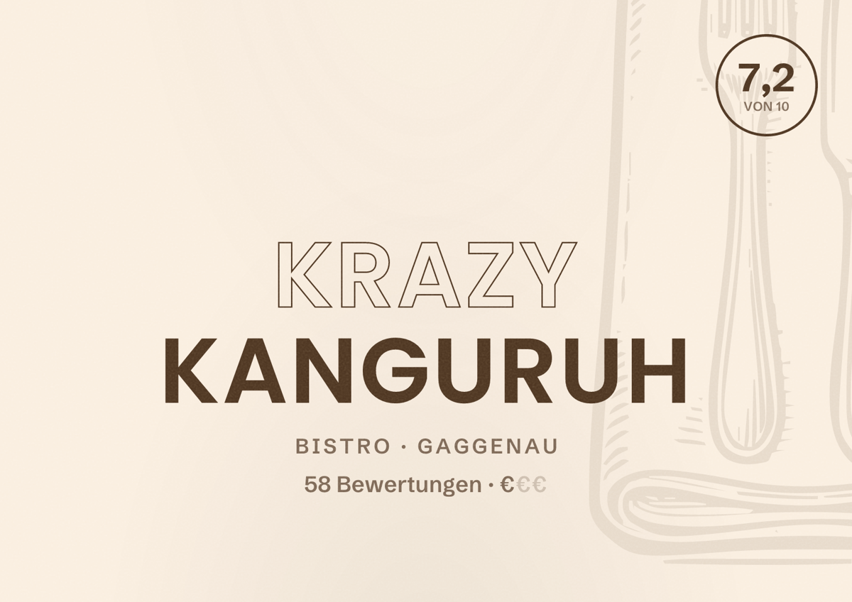 Illustriertes Poster von Krazy Kanguruh, Bistro in Gaggenau: Bewertung 7,2 von 10 aus 58 Bewertungen, Preisniveau €
