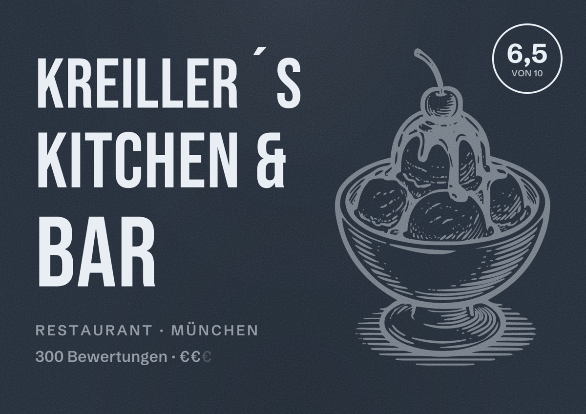 Illustriertes Poster von Kreiller´s Kitchen & Bar, Restaurant in München: Bewertung 6,5 von 10 aus 300 Bewertungen, Preisniveau €€