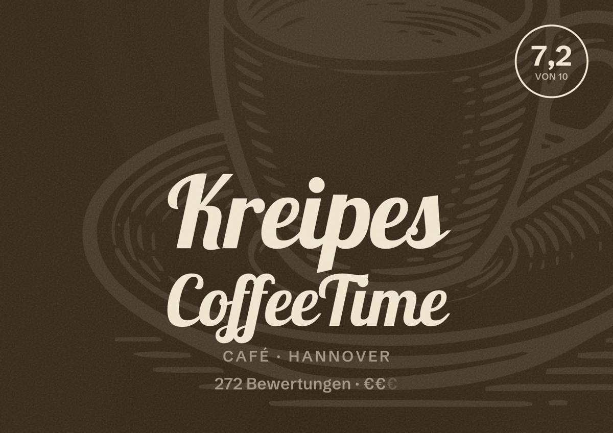 Illustriertes Poster von Kreipes CoffeeTime, Café in Hannover: Bewertung 7,2 von 10 aus 272 Bewertungen, Preisniveau €€