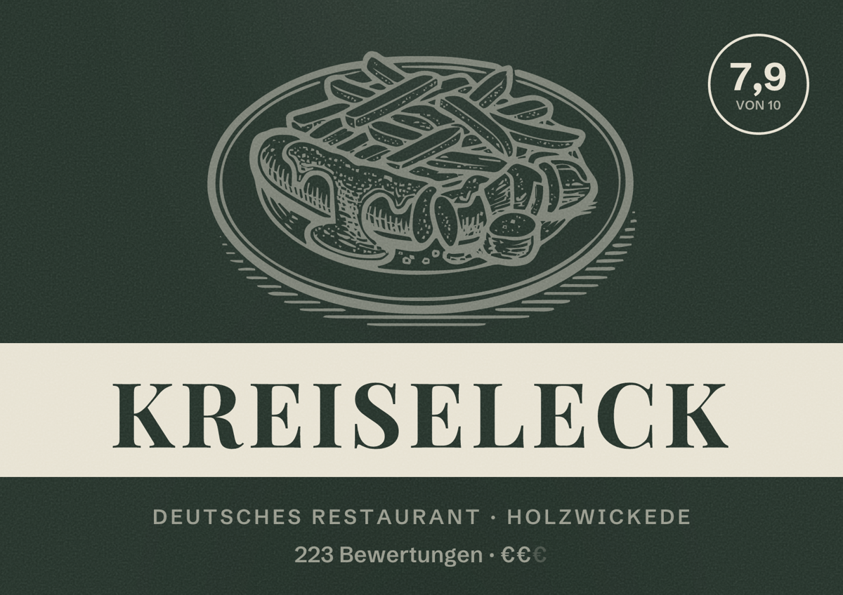 Illustriertes Poster von Kreiseleck, Deutsches Restaurant in Holzwickede: Bewertung 7,9 von 10 aus 223 Bewertungen, Preisniveau €€