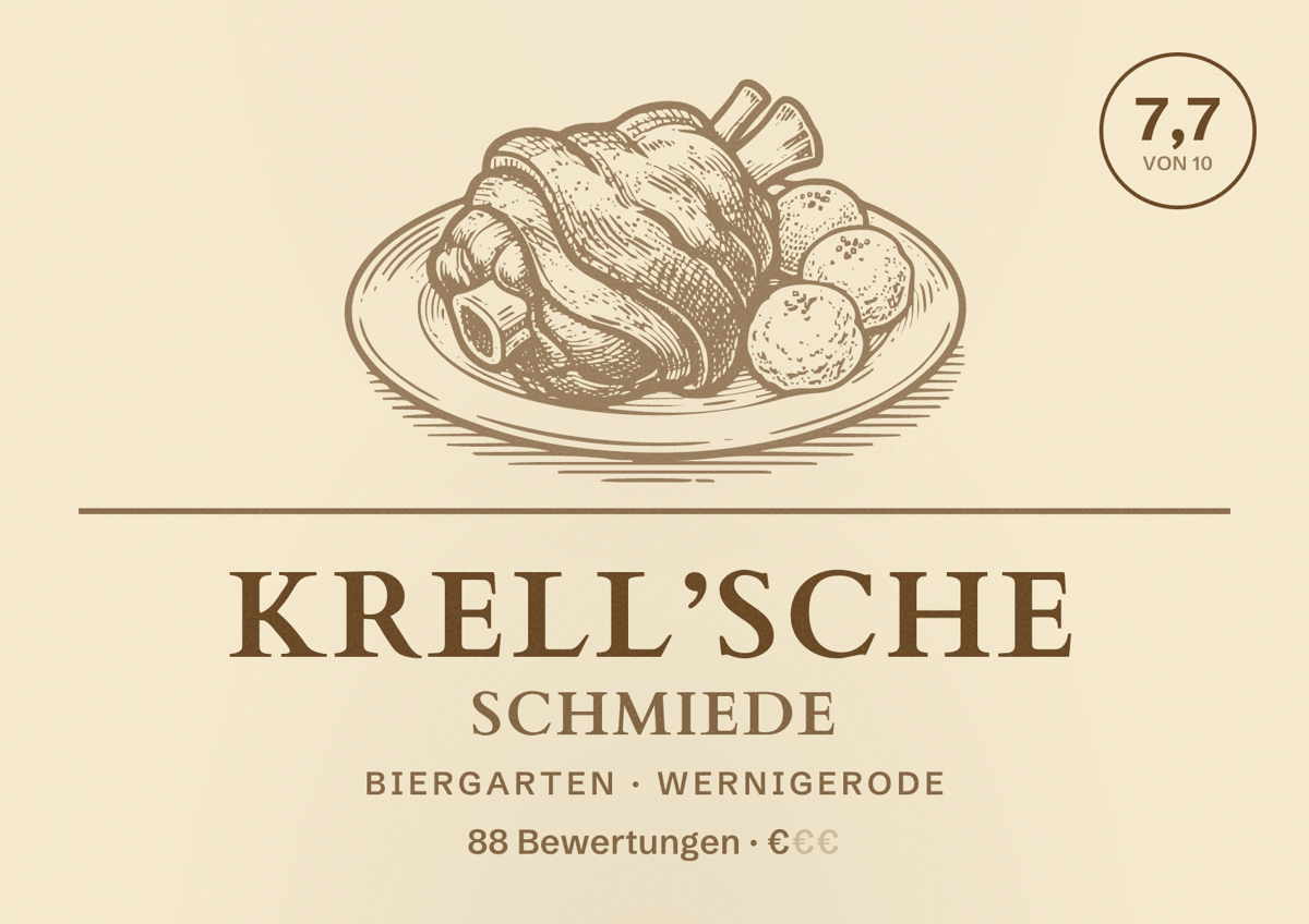Illustriertes Poster von Krell’sche Schmiede, Biergarten in Wernigerode: Bewertung 7,7 von 10 aus 88 Bewertungen, Preisniveau €