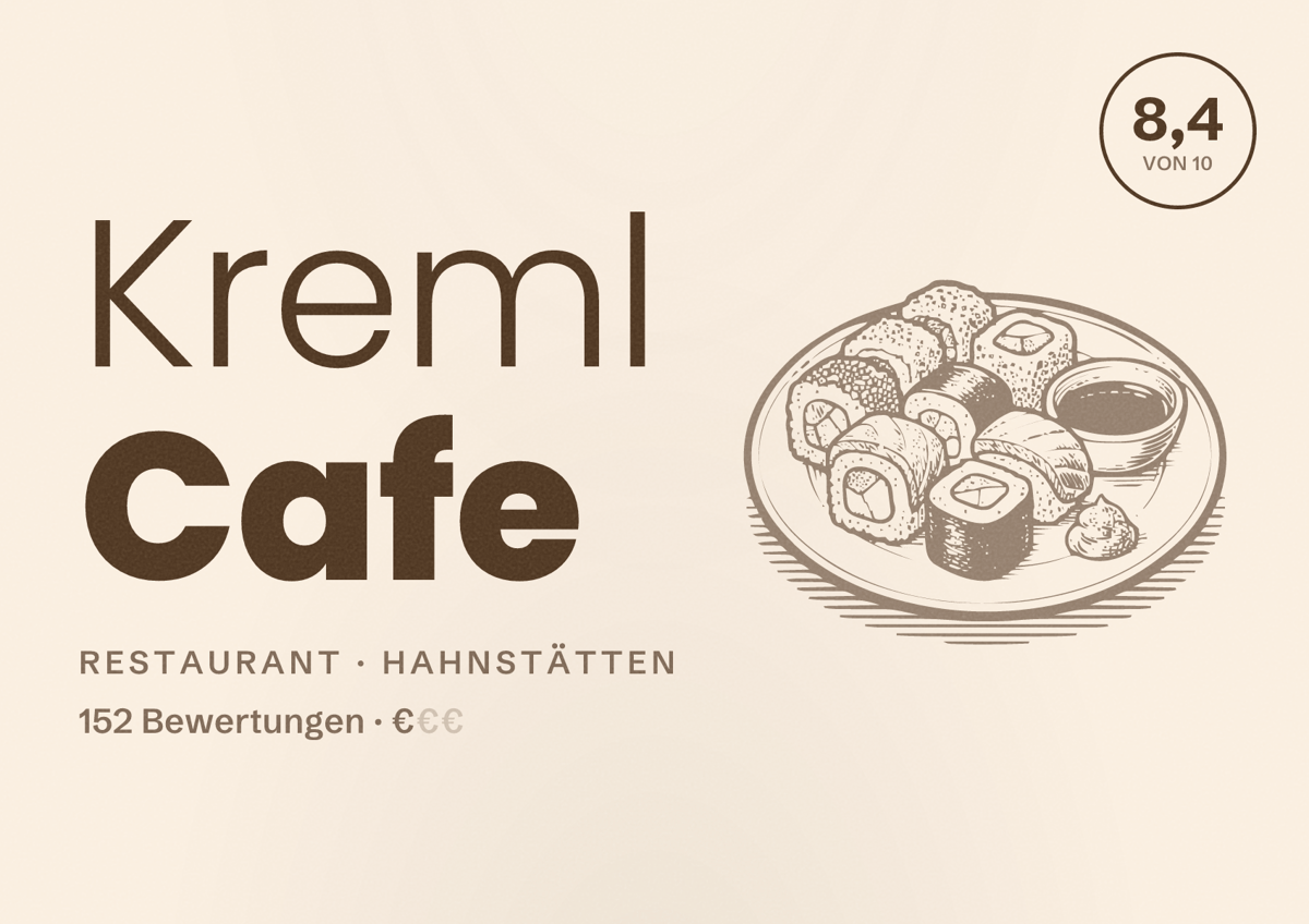 Illustriertes Poster von Kreml Cafe, Restaurant in Hahnstätten: Bewertung 8,4 von 10 aus 152 Bewertungen, Preisniveau €