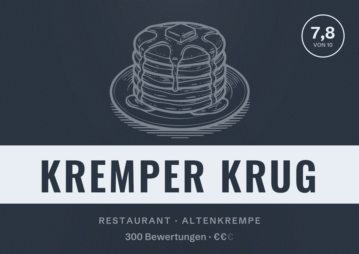 Illustriertes Poster von Kremper Krug, Restaurant in Altenkrempe: Bewertung 7,8 von 10 aus 300 Bewertungen, Preisniveau €€