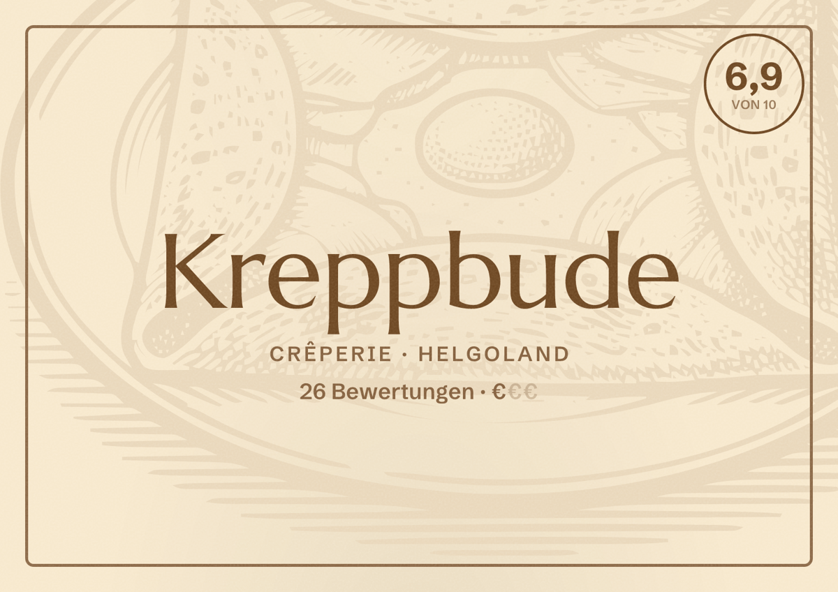 Illustriertes Poster von Kreppbude, Crêperie in Helgoland: Bewertung 6,9 von 10 aus 26 Bewertungen, Preisniveau €
