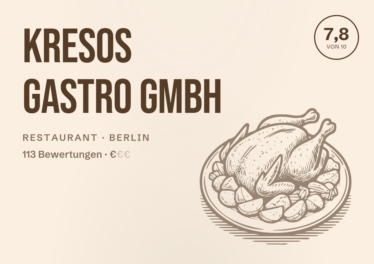 Illustriertes Poster von KresoS Gastro GmbH, Restaurant in Berlin: Bewertung 7,8 von 10 aus 113 Bewertungen, Preisniveau €