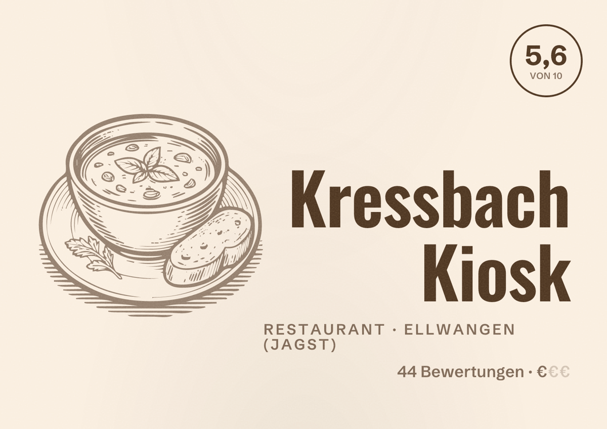 Illustriertes Poster von Kressbach Kiosk, Restaurant in Ellwangen (Jagst): Bewertung 5,6 von 10 aus 44 Bewertungen, Preisniveau €