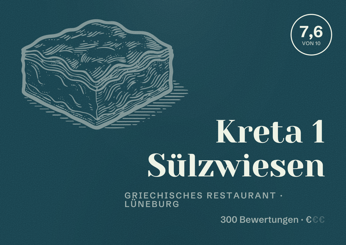 Illustriertes Poster von Kreta 1 Sülzwiesen, Griechisches Restaurant in Lüneburg: Bewertung 7,6 von 10 aus 300 Bewertungen, Preisniveau €