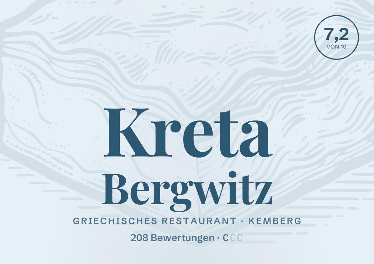 Illustriertes Poster von Kreta Bergwitz, Griechisches Restaurant in Kemberg: Bewertung 7,2 von 10 aus 208 Bewertungen, Preisniveau €