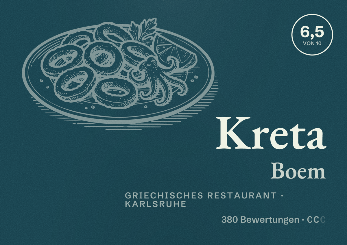 Illustriertes Poster von Kreta Boem, Griechisches Restaurant in Karlsruhe: Bewertung 6,5 von 10 aus 380 Bewertungen, Preisniveau €€