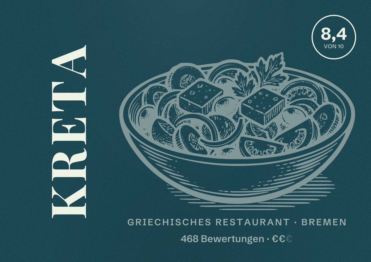 Illustriertes Poster von Kreta, Griechisches Restaurant in Bremen: Bewertung 8,4 von 10 aus 468 Bewertungen, Preisniveau €€