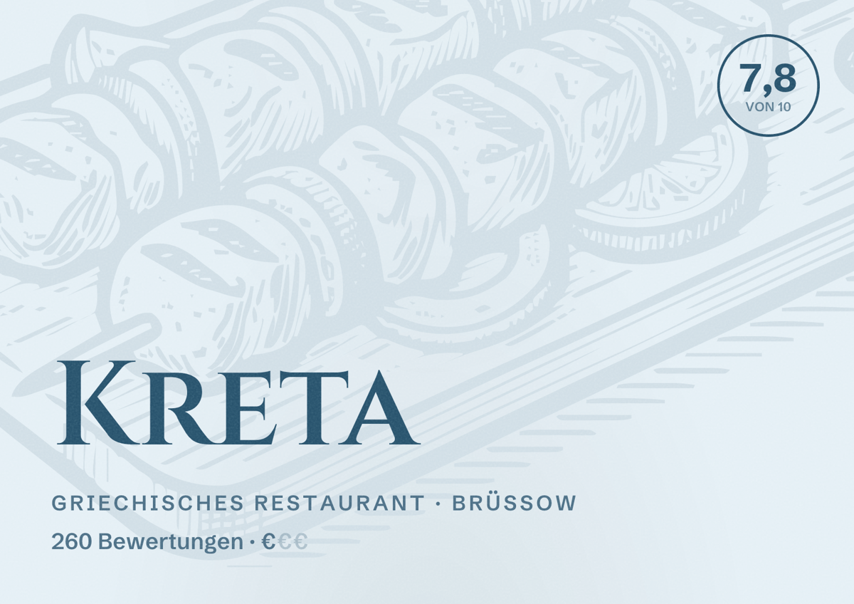 Illustriertes Poster von Kreta, Griechisches Restaurant in Brüssow: Bewertung 7,8 von 10 aus 260 Bewertungen, Preisniveau €