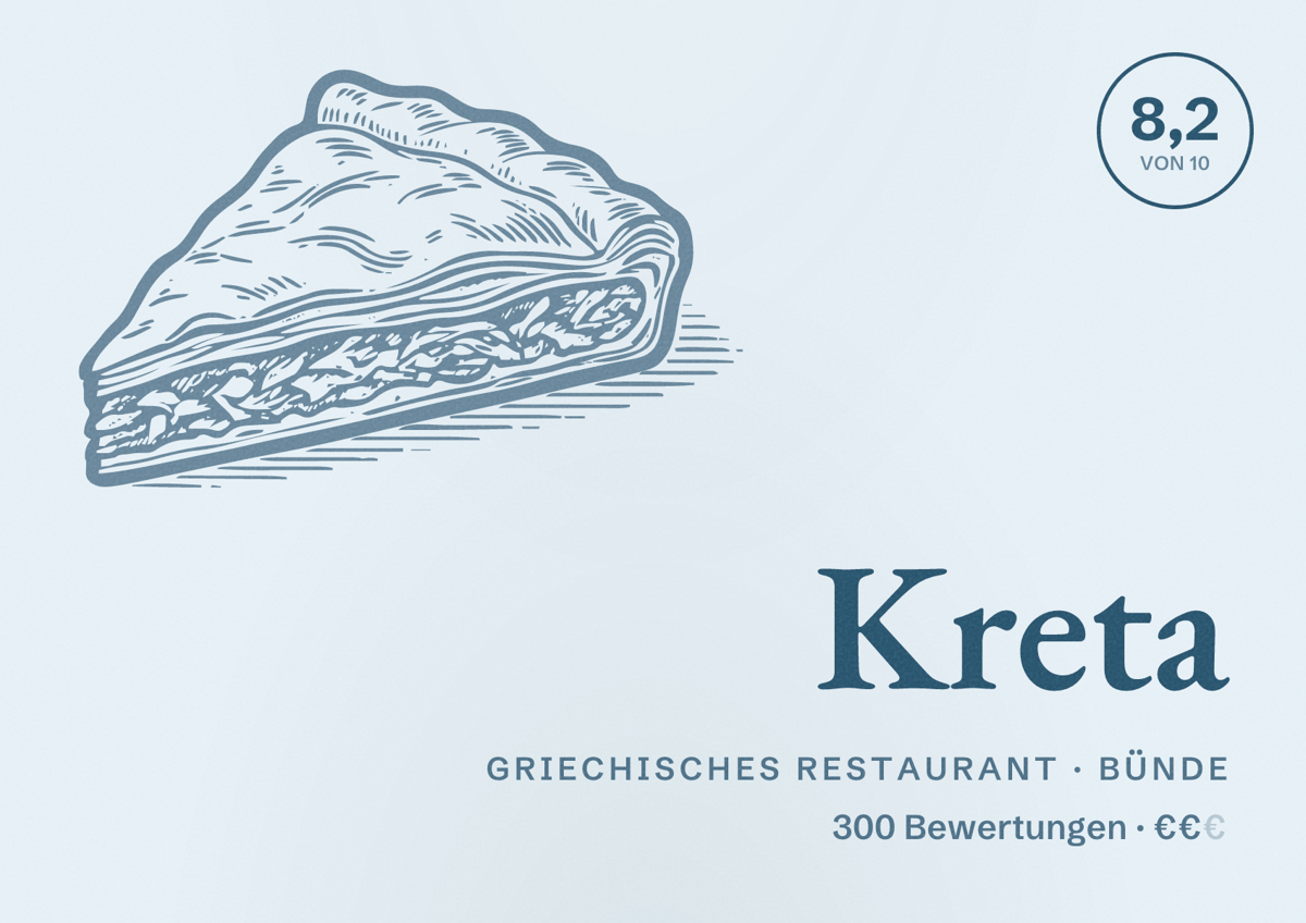 Illustriertes Poster von Kreta, Griechisches Restaurant in Bünde: Bewertung 8,2 von 10 aus 300 Bewertungen, Preisniveau €€
