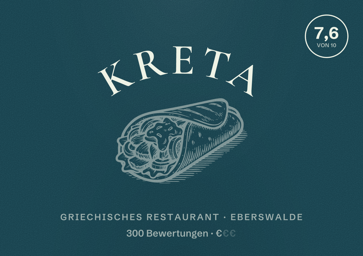 Illustriertes Poster von Kreta, Griechisches Restaurant in Eberswalde: Bewertung 7,6 von 10 aus 300 Bewertungen, Preisniveau €