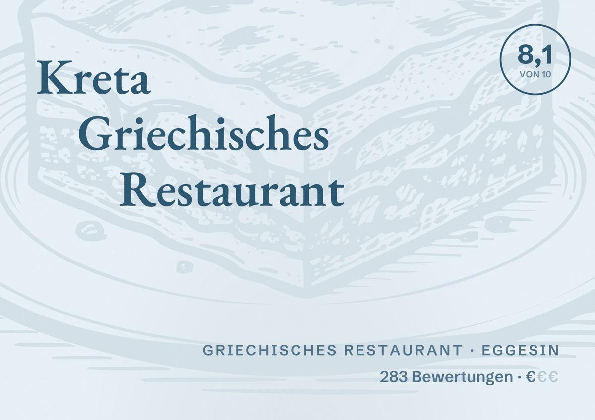 Illustriertes Poster von Kreta Griechisches Restaurant, Griechisches Restaurant in Eggesin: Bewertung 8,1 von 10 aus 283 Bewertungen, Preisniveau €
