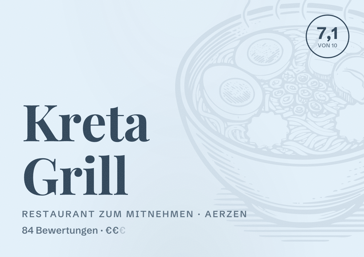 Illustriertes Poster von Kreta Grill, Restaurant zum Mitnehmen in Aerzen: Bewertung 7,1 von 10 aus 84 Bewertungen, Preisniveau €€
