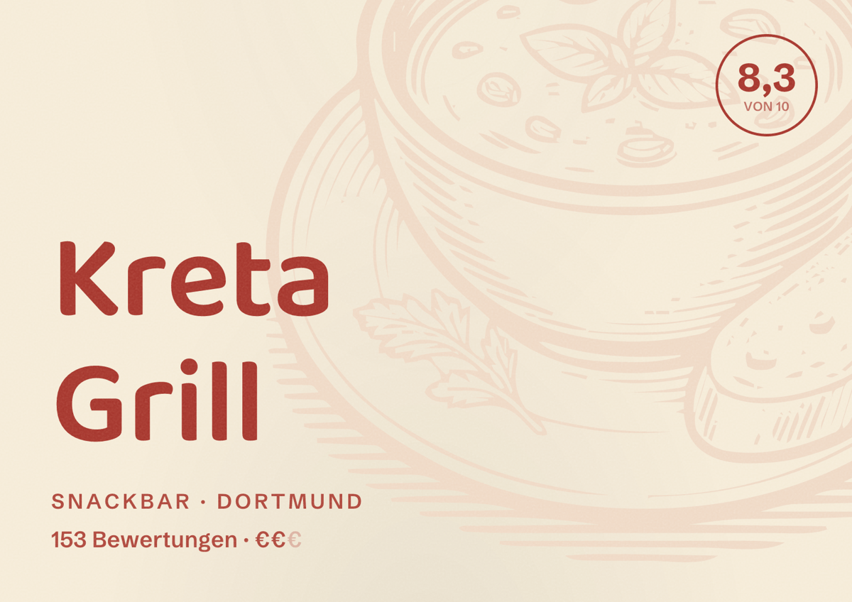 Illustriertes Poster von Kreta Grill, Snackbar in Dortmund: Bewertung 8,3 von 10 aus 153 Bewertungen, Preisniveau €€