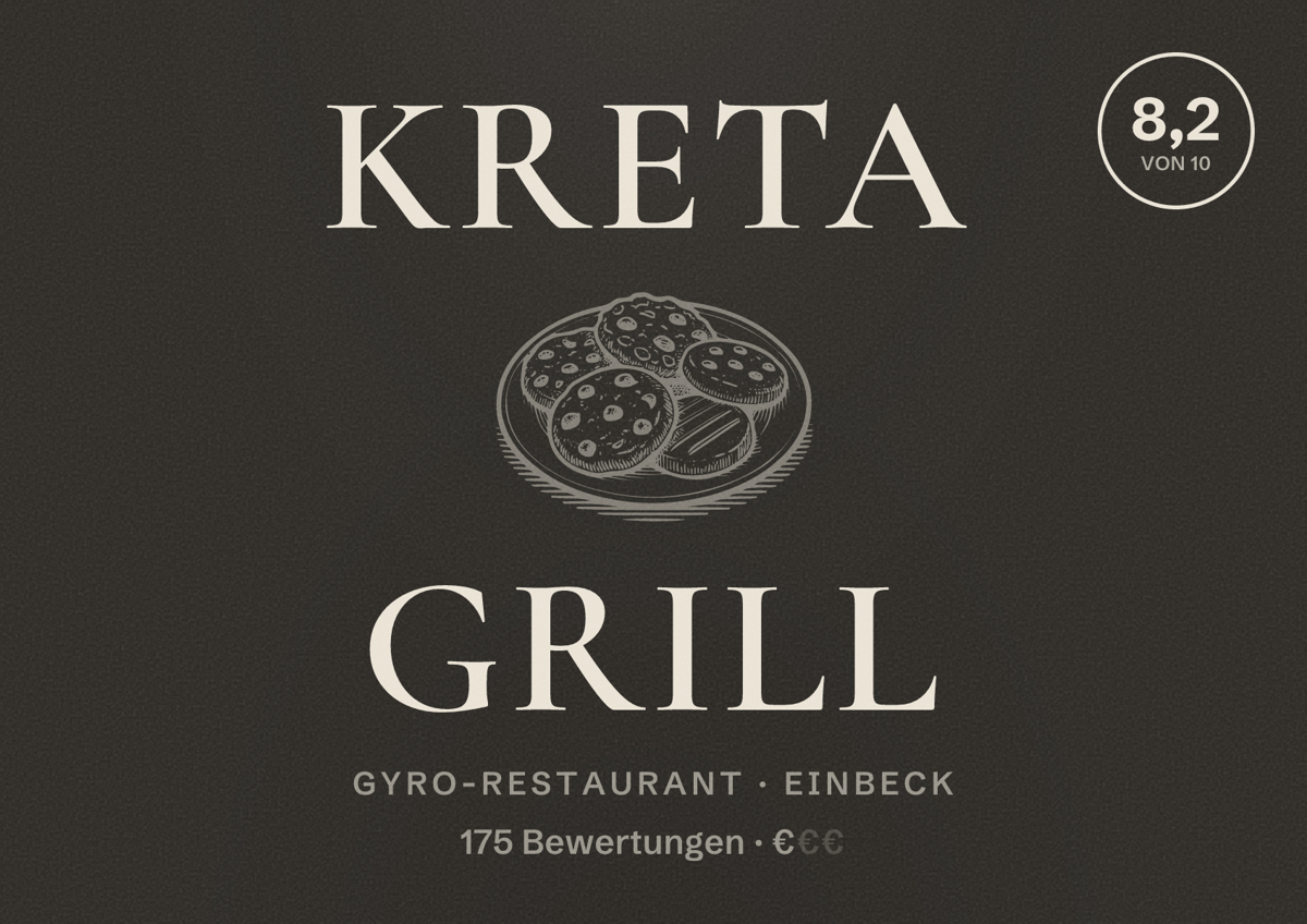 Illustriertes Poster von Kreta Grill, Gyro-Restaurant in Einbeck: Bewertung 8,2 von 10 aus 175 Bewertungen, Preisniveau €