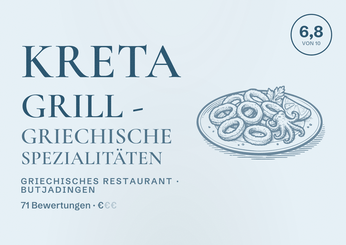 Illustriertes Poster von Kreta Grill - Griechische Spezialitäten, Griechisches Restaurant in Butjadingen: Bewertung 6,8 von 10 aus 71 Bewertungen, Preisniveau €