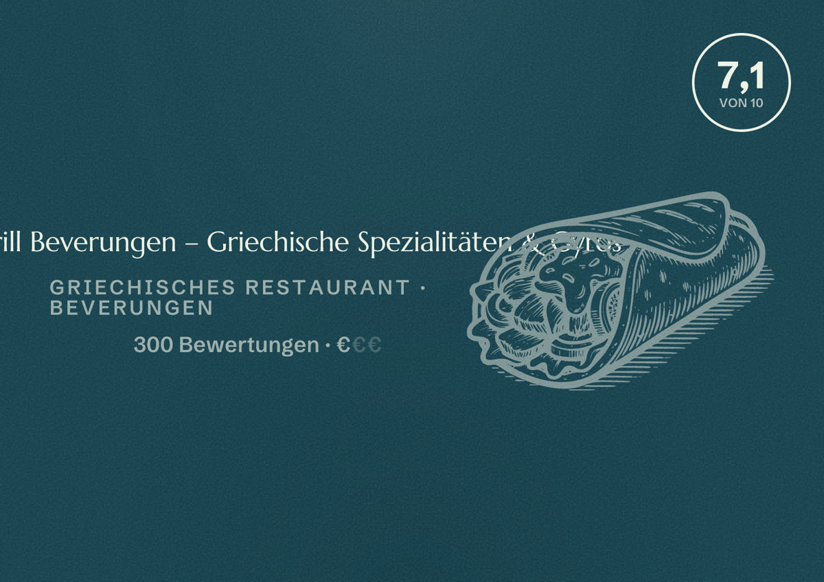 Illustriertes Poster von Kreta Grill Beverungen – Griechische Spezialitäten & Gyros, Griechisches Restaurant in Beverungen: Bewertung 7,1 von 10 aus 300 Bewertungen, Preisniveau €