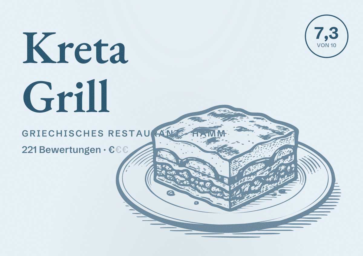 Illustriertes Poster von Kreta Grill, Griechisches Restaurant in Hamm: Bewertung 7,3 von 10 aus 221 Bewertungen, Preisniveau €
