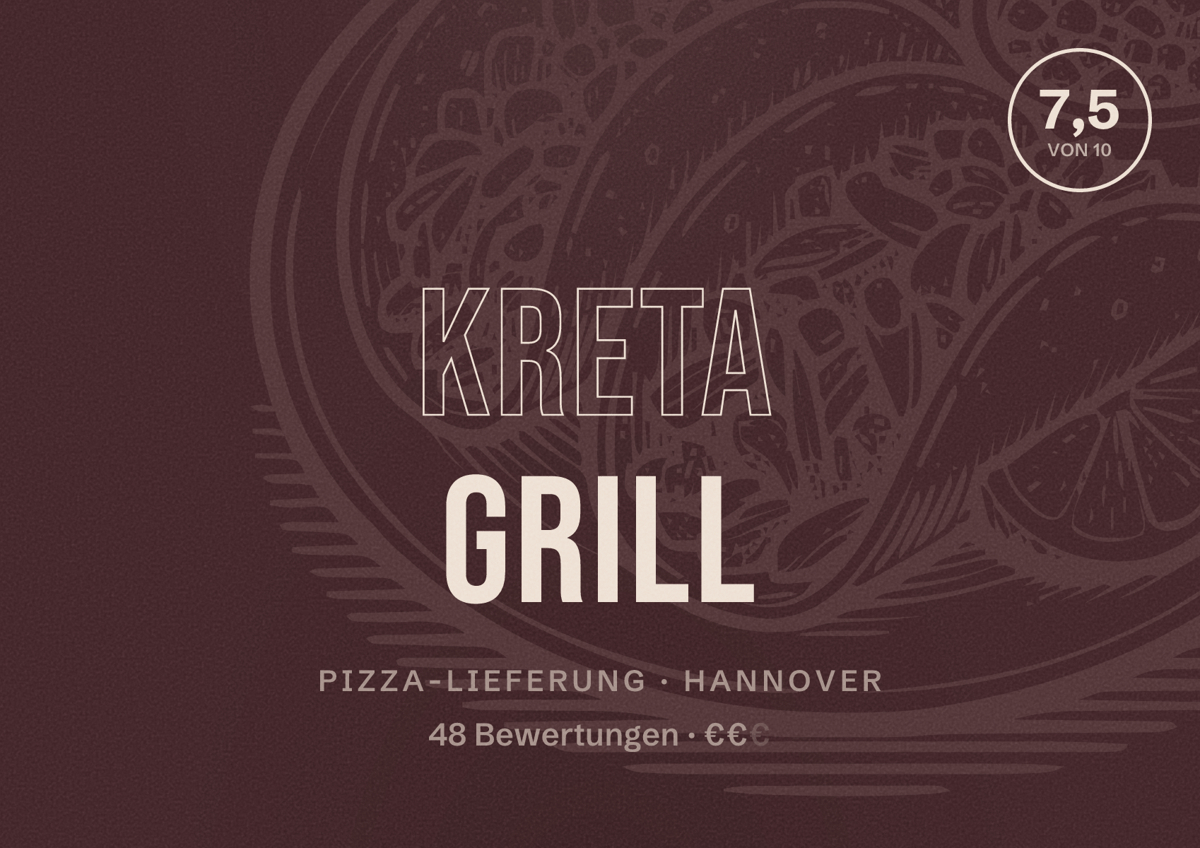 Illustriertes Poster von Kreta Grill, Pizza-Lieferung in Hannover: Bewertung 7,5 von 10 aus 48 Bewertungen, Preisniveau €€