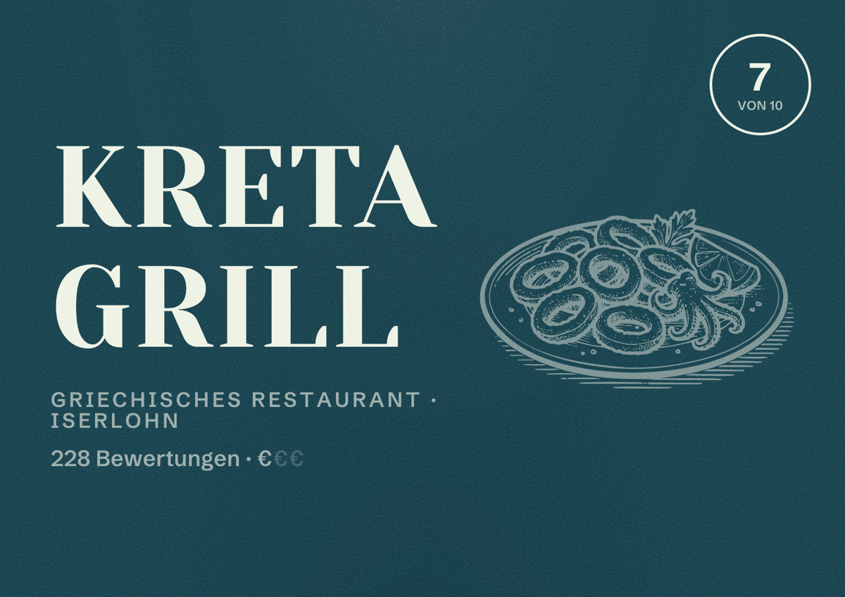 Illustriertes Poster von Kreta GRILL, Griechisches Restaurant in Iserlohn: Bewertung 7 von 10 aus 228 Bewertungen, Preisniveau €