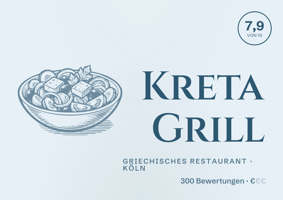 Illustriertes Poster von Kreta Grill, Griechisches Restaurant in Köln: Bewertung 7,9 von 10 aus 300 Bewertungen, Preisniveau €