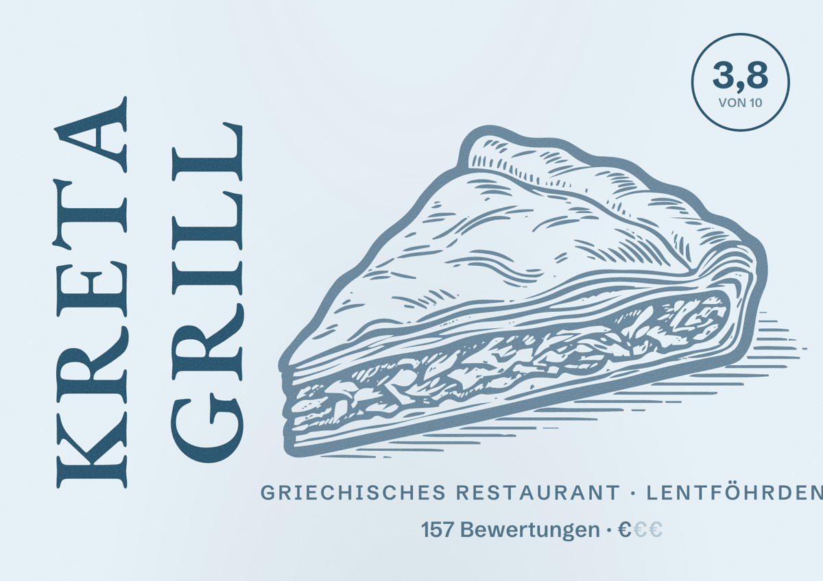 Illustriertes Poster von Kreta Grill, Griechisches Restaurant in Lentföhrden: Bewertung 3,8 von 10 aus 157 Bewertungen, Preisniveau €