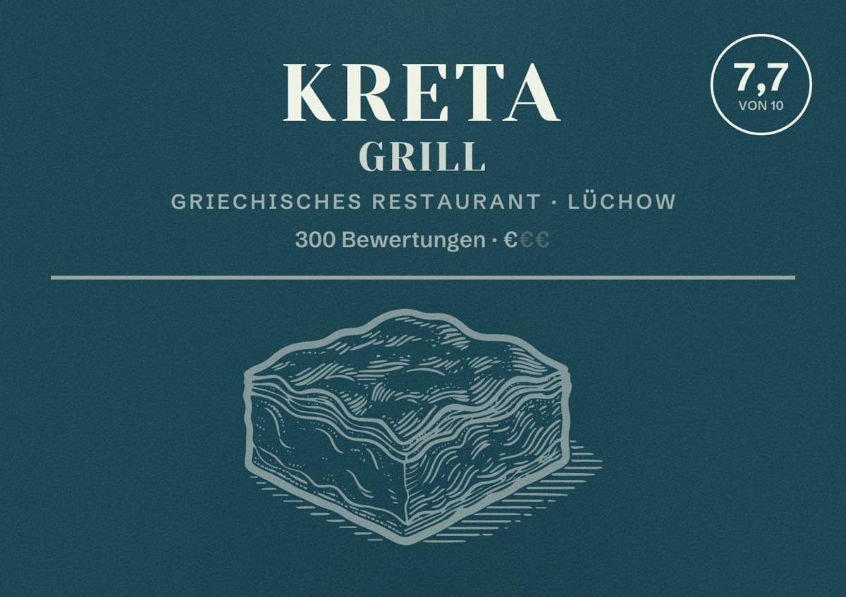 Illustriertes Poster von Kreta Grill, Griechisches Restaurant in Lüchow: Bewertung 7,7 von 10 aus 300 Bewertungen, Preisniveau €