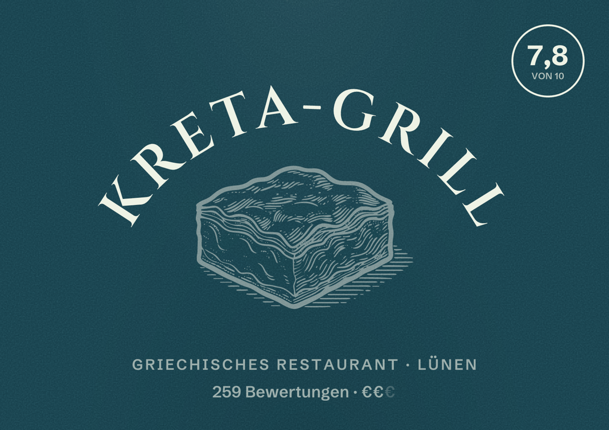 Illustriertes Poster von Kreta-Grill, Griechisches Restaurant in Lünen: Bewertung 7,8 von 10 aus 259 Bewertungen, Preisniveau €€