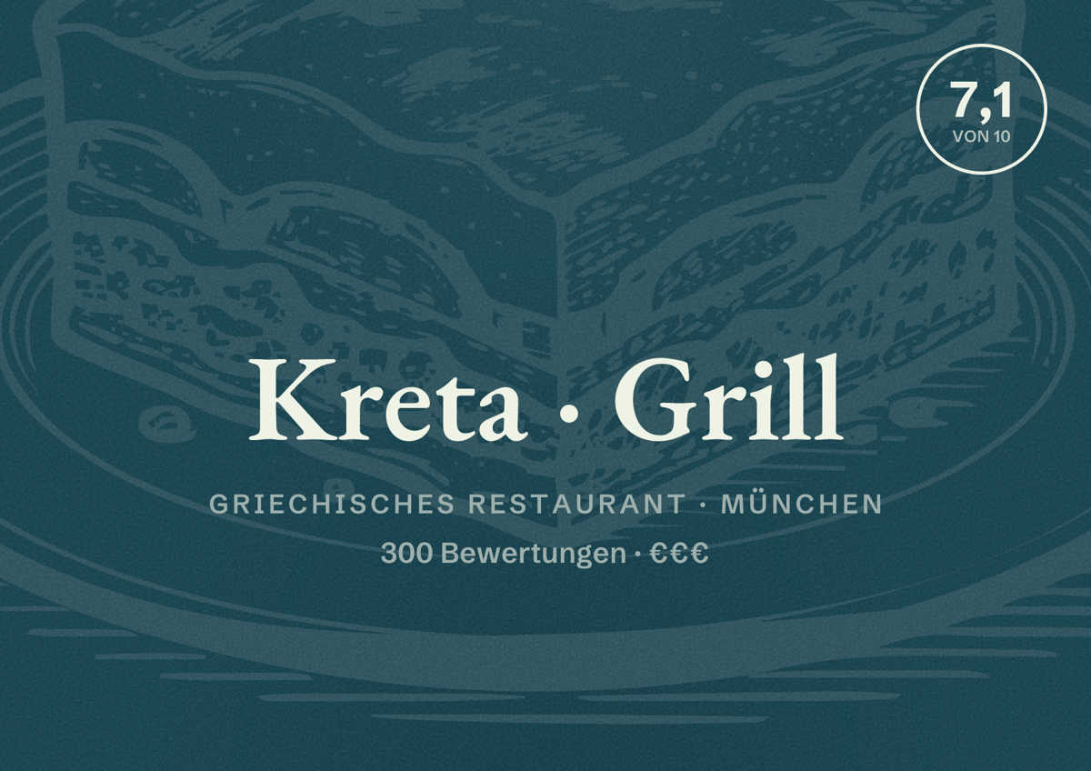 Illustriertes Poster von Kreta Grill, Griechisches Restaurant in München: Bewertung 7,1 von 10 aus 300 Bewertungen, Preisniveau €€€