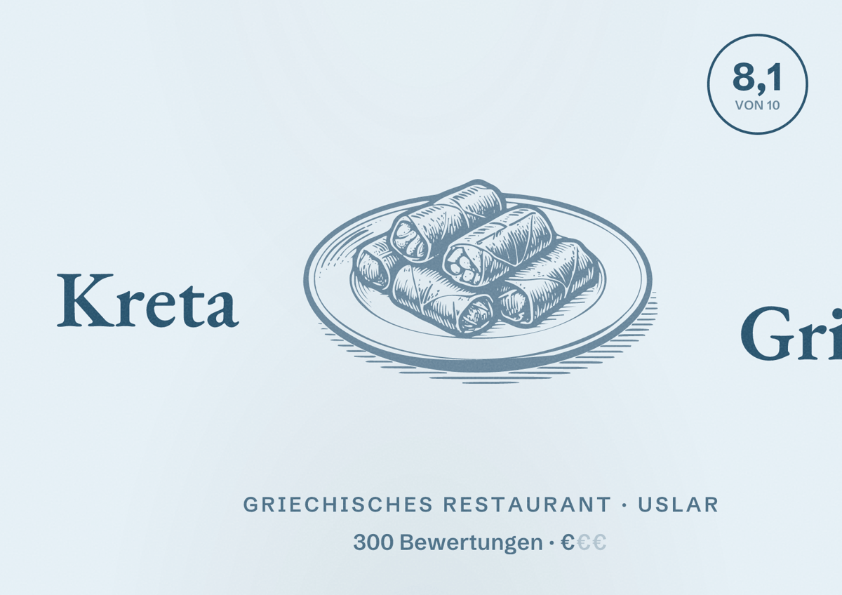 Illustriertes Poster von Kreta Grill, Griechisches Restaurant in Uslar: Bewertung 8,1 von 10 aus 300 Bewertungen, Preisniveau €
