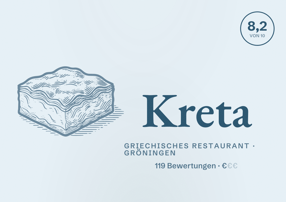 Illustriertes Poster von Kreta, Griechisches Restaurant in Gröningen: Bewertung 8,2 von 10 aus 119 Bewertungen, Preisniveau €