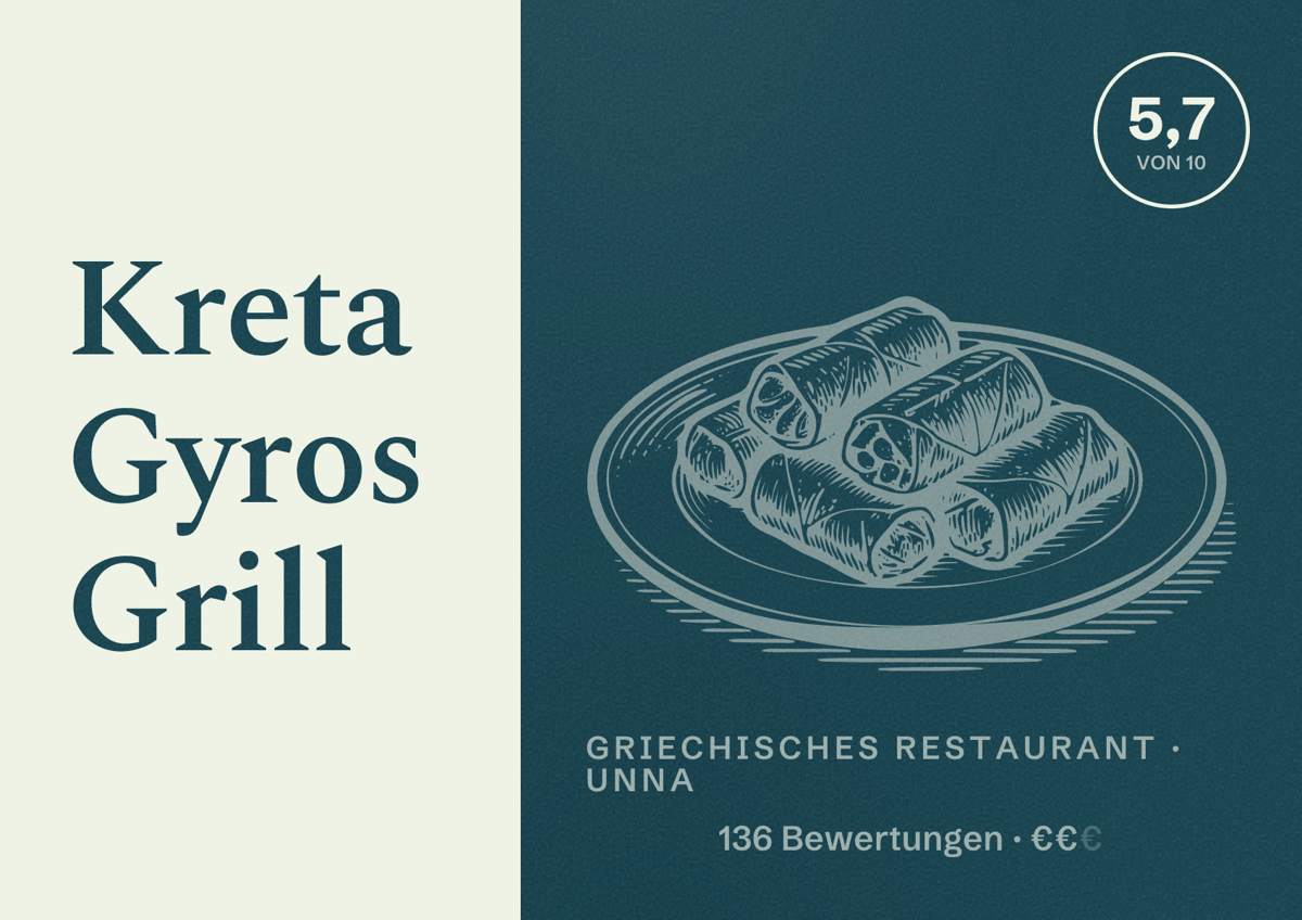 Illustriertes Poster von Kreta Gyros Grill, Griechisches Restaurant in Unna: Bewertung 5,7 von 10 aus 136 Bewertungen, Preisniveau €€