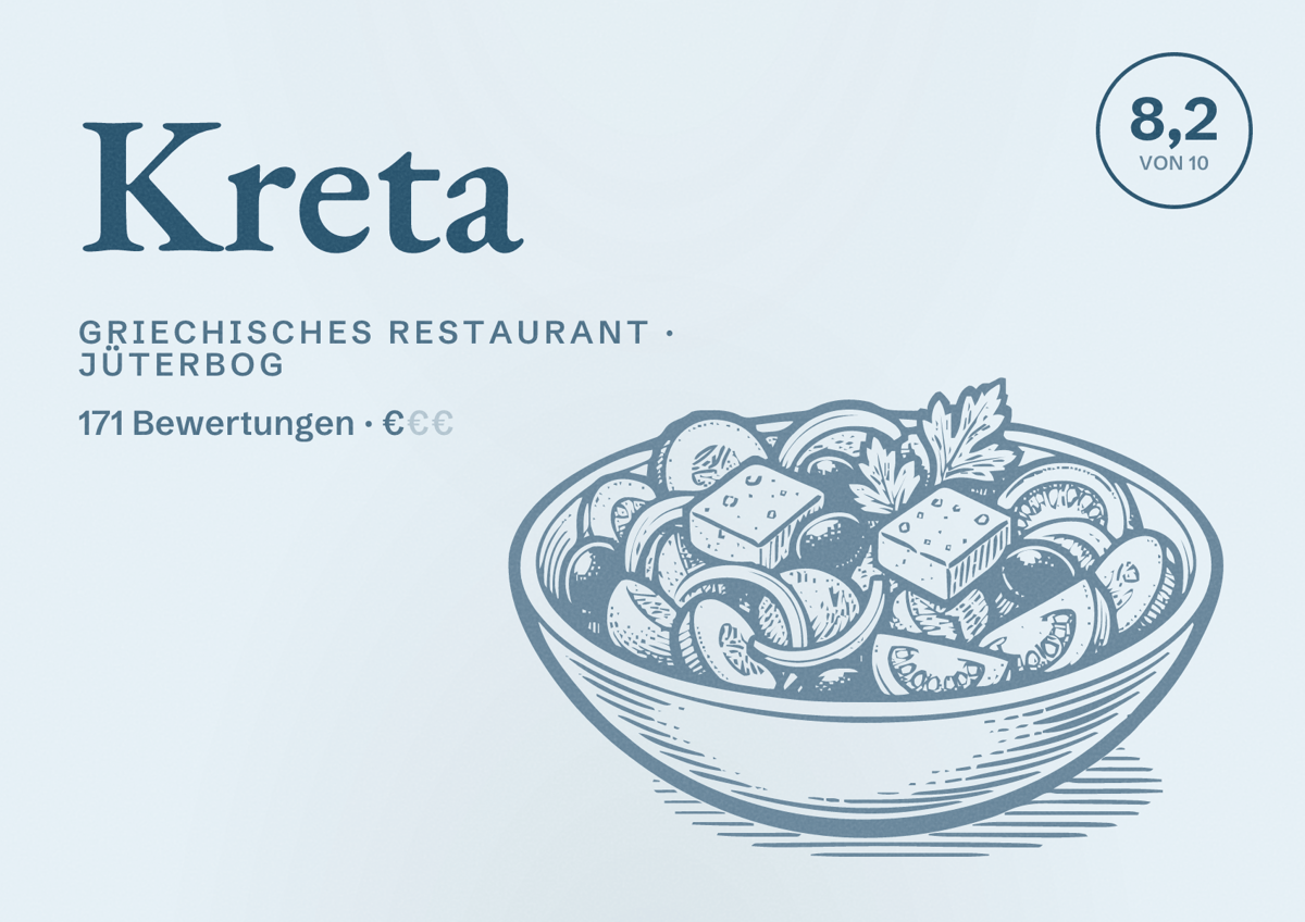 Illustriertes Poster von Kreta, Griechisches Restaurant in Jüterbog: Bewertung 8,2 von 10 aus 171 Bewertungen, Preisniveau €