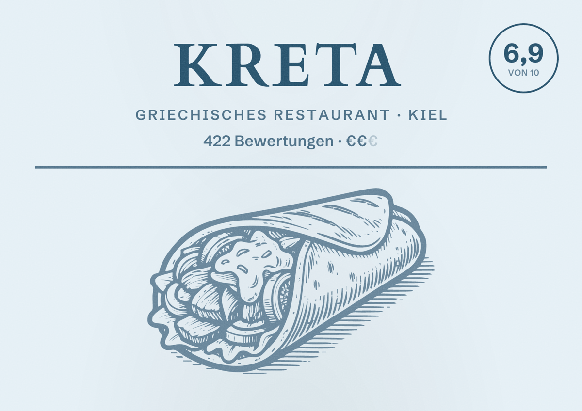 Illustriertes Poster von Kreta, Griechisches Restaurant in Kiel: Bewertung 6,9 von 10 aus 422 Bewertungen, Preisniveau €€