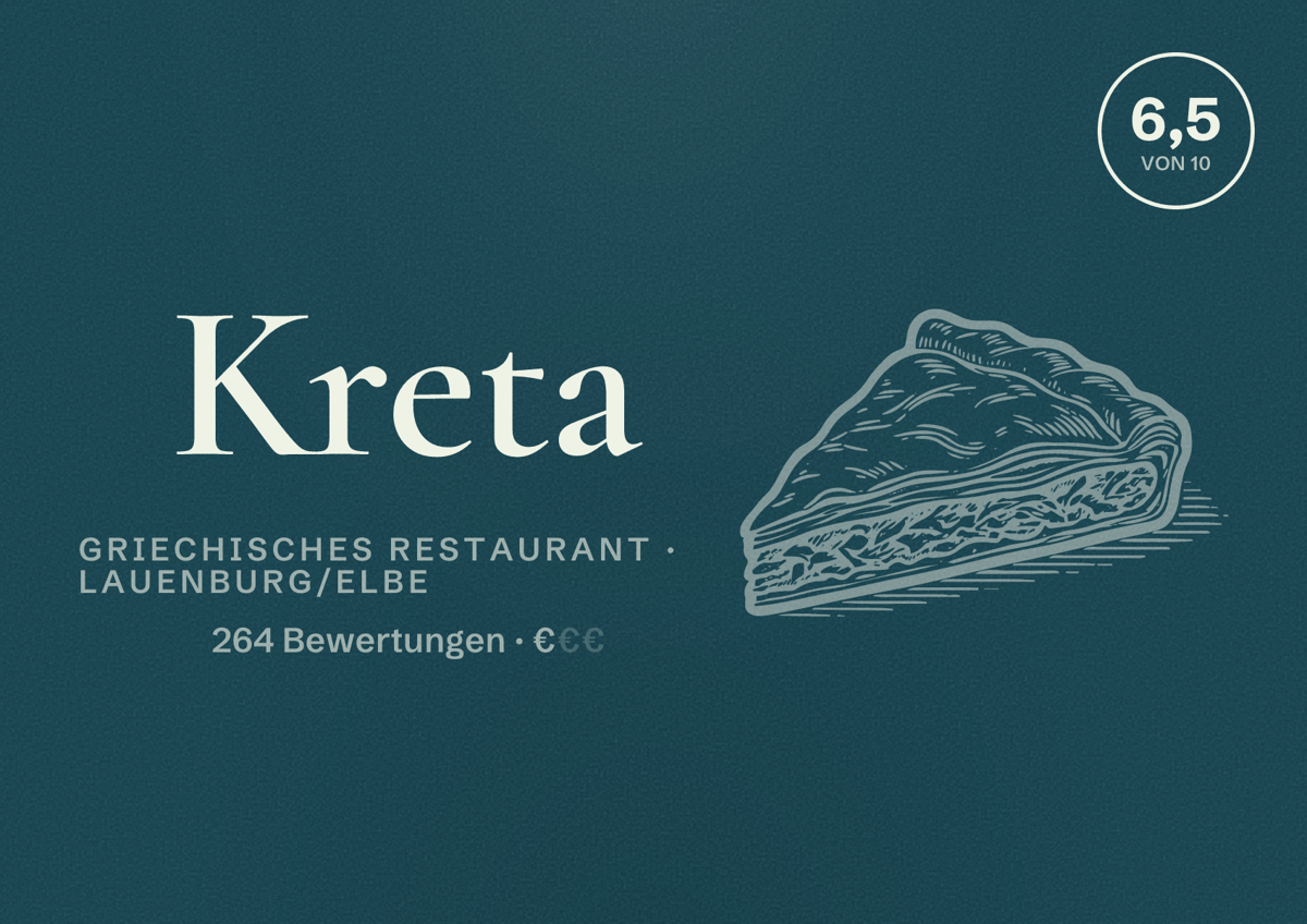 Illustriertes Poster von Kreta, Griechisches Restaurant in Lauenburg/Elbe: Bewertung 6,5 von 10 aus 264 Bewertungen, Preisniveau €