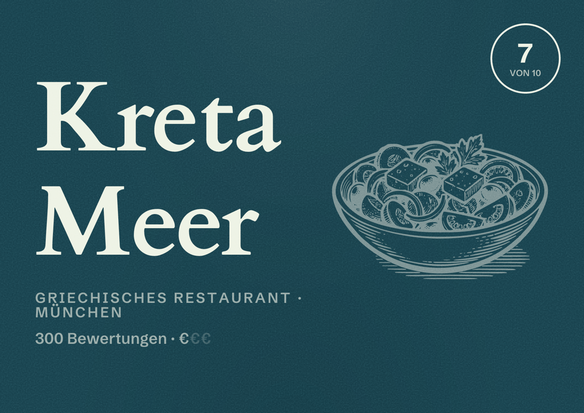 Illustriertes Poster von Kreta Meer, Griechisches Restaurant in München: Bewertung 7,0 von 10 aus 300 Bewertungen, Preisniveau €