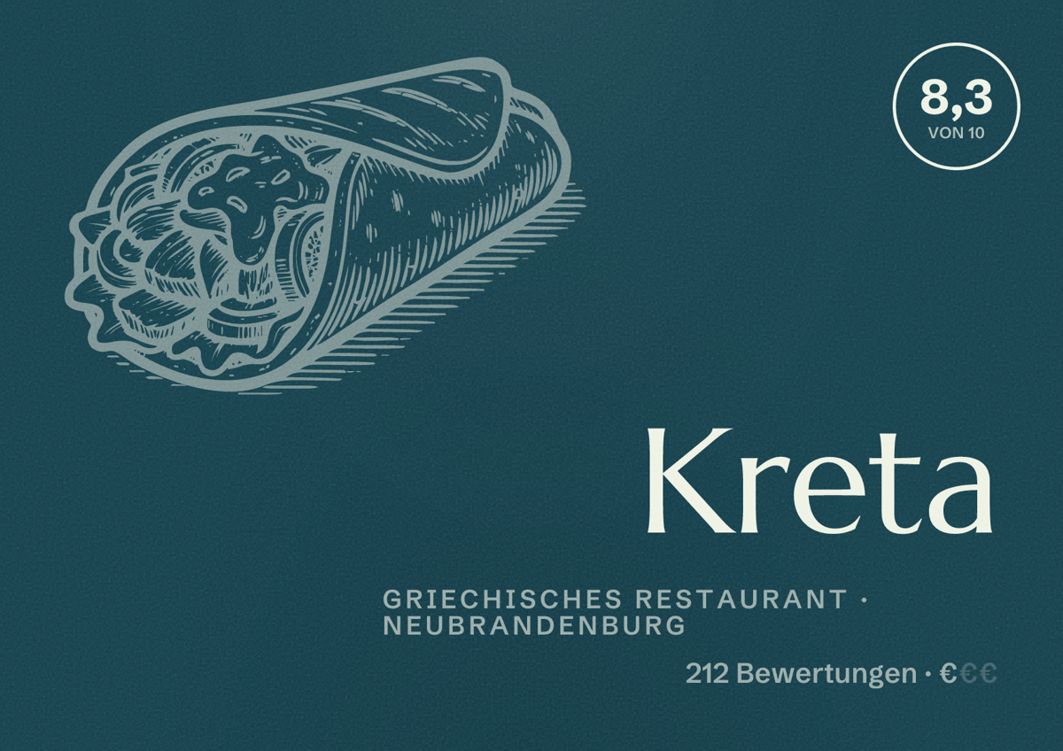 Illustriertes Poster von Kreta, Griechisches Restaurant in Neubrandenburg: Bewertung 8,3 von 10 aus 212 Bewertungen, Preisniveau €