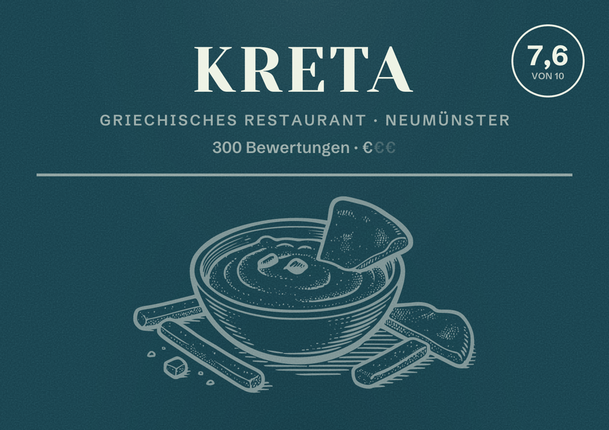 Illustriertes Poster von Kreta, Griechisches Restaurant in Neumünster: Bewertung 7,6 von 10 aus 300 Bewertungen, Preisniveau €