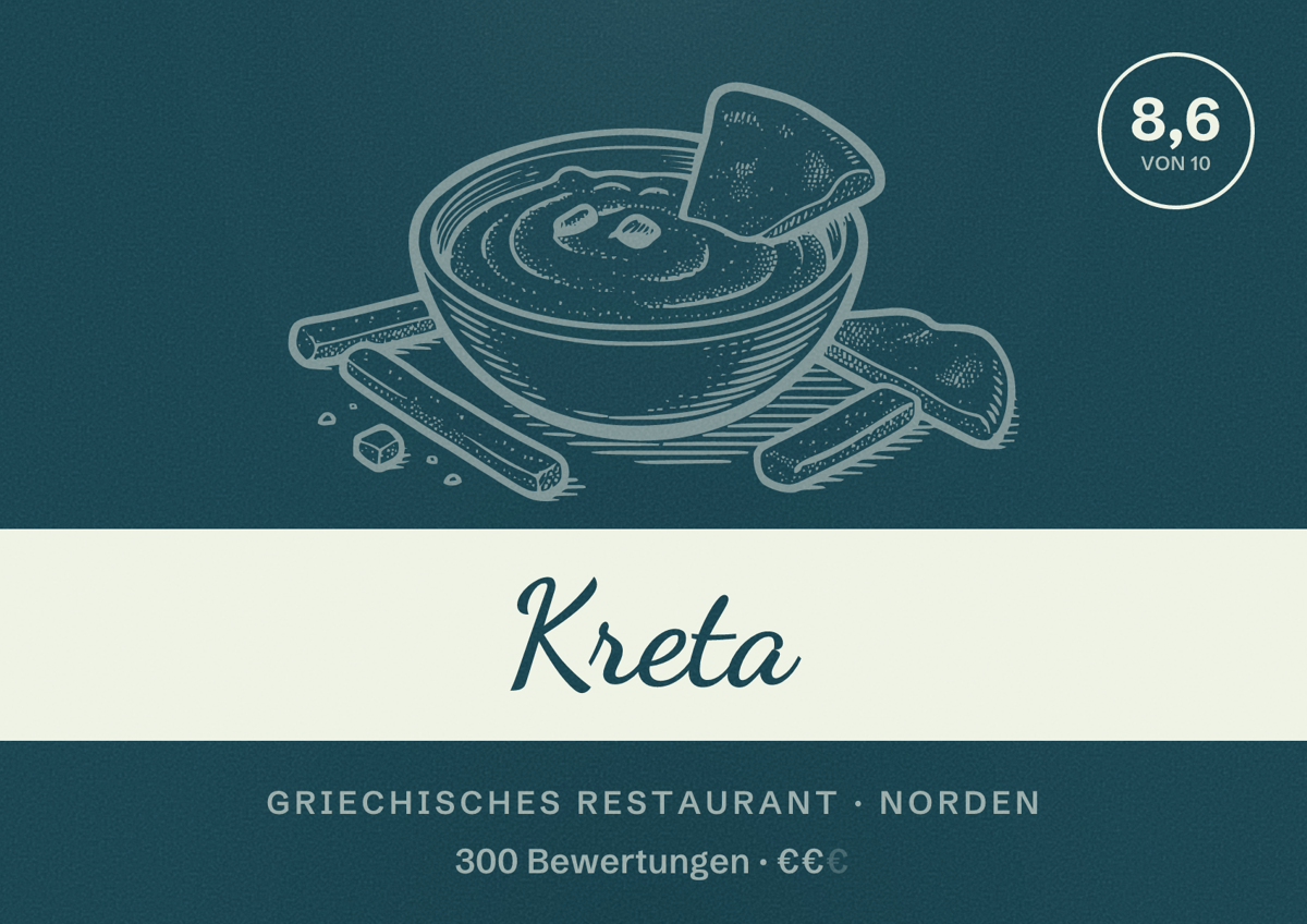 Illustriertes Poster von Kreta, Griechisches Restaurant in Norden: Bewertung 8,6 von 10 aus 300 Bewertungen, Preisniveau €€