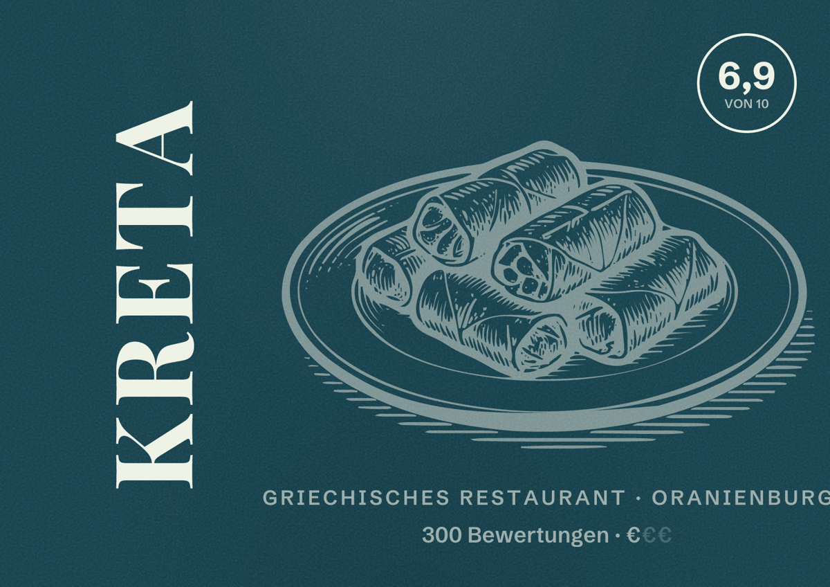 Illustriertes Poster von Kreta, Griechisches Restaurant in Oranienburg: Bewertung 6,9 von 10 aus 300 Bewertungen, Preisniveau €