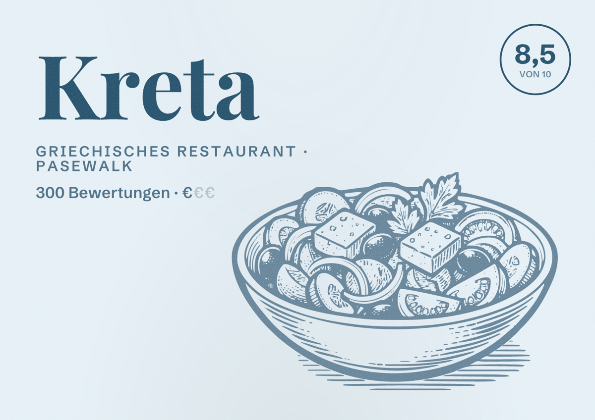 Illustriertes Poster von Kreta, Griechisches Restaurant in Pasewalk: Bewertung 8,5 von 10 aus 300 Bewertungen, Preisniveau €