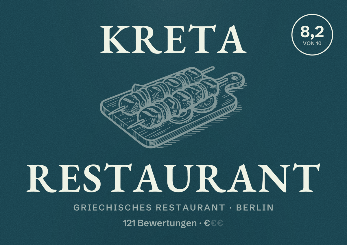 Illustriertes Poster von Kreta Restaurant, Griechisches Restaurant in Berlin: Bewertung 8,2 von 10 aus 121 Bewertungen, Preisniveau €