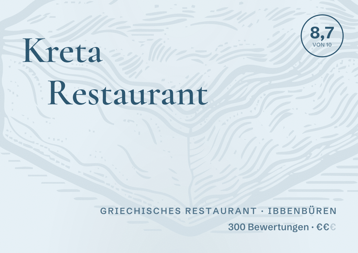 Illustriertes Poster von Kreta Restaurant, Griechisches Restaurant in Ibbenbüren: Bewertung 8,7 von 10 aus 300 Bewertungen, Preisniveau €€