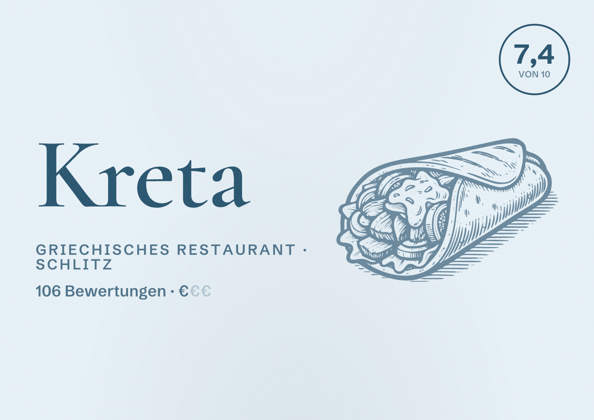 Illustriertes Poster von Kreta, Griechisches Restaurant in Schlitz: Bewertung 7,4 von 10 aus 106 Bewertungen, Preisniveau €