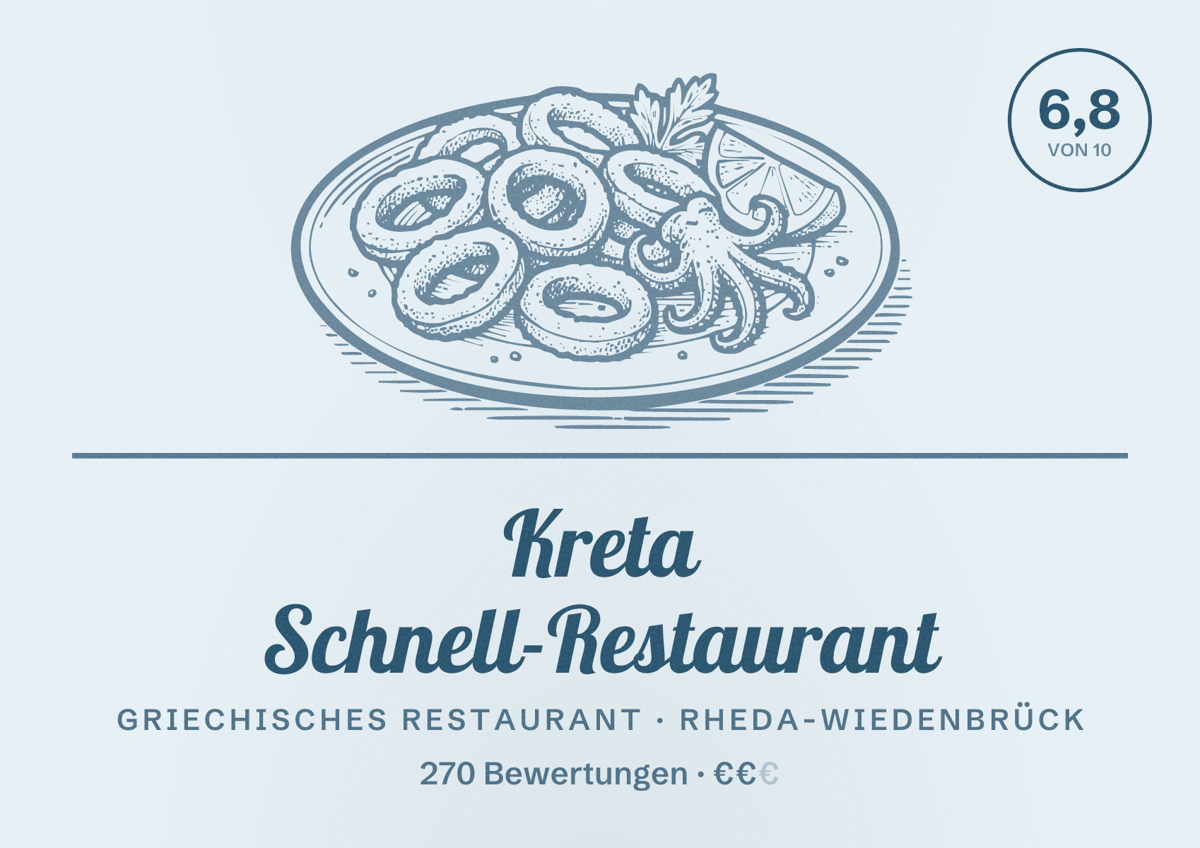 Illustriertes Poster von Kreta Schnell-Restaurant, Griechisches Restaurant in Rheda-Wiedenbrück: Bewertung 6,8 von 10 aus 270 Bewertungen, Preisniveau €€